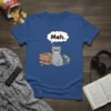 Meh. cat t-shirt design with a grumpy grey cat, pizza boxes, and laundry basket