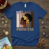 Melanin Princess t-shirt design featuring a Black woman with a crown and bow, text "Melanin Princess"