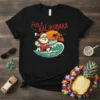 Mele Kalikimaka Christmas t-shirt design with Santa Claus surfing a wave on a tropical beach at sunset