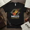 Mello Celocello text design with a cello graphic and musical notes on a black t-shirt