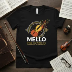 Mello Celocello text design with a cello graphic and musical notes on a black t-shirt