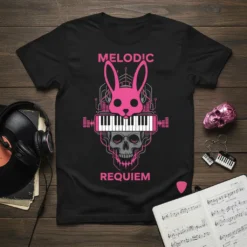 Black t-shirt with "Melodic Requiem" text, a pink bunny head, piano keyboard, and skull graphic in a dark, electronic style