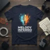 Melody Inferno Harmony of Extremes T-Shirt featuring a guitar headstock with blue ice and red flames, and music notes