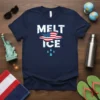 Navy blue t-shirt with white cracked text "MELT ICE" and an American flag graphic in between, with blue water droplets