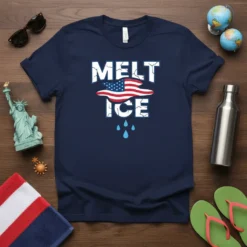 Navy blue t-shirt with white cracked text "MELT ICE" and an American flag graphic in between, with blue water droplets