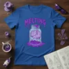 Blue t-shirt with "MELTING" text above a jar containing a purple brain submerged in purple liquid
