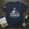 Member of Team Liechtenstein T-Shirt with mountain graphic and crown emblem, navy blue color