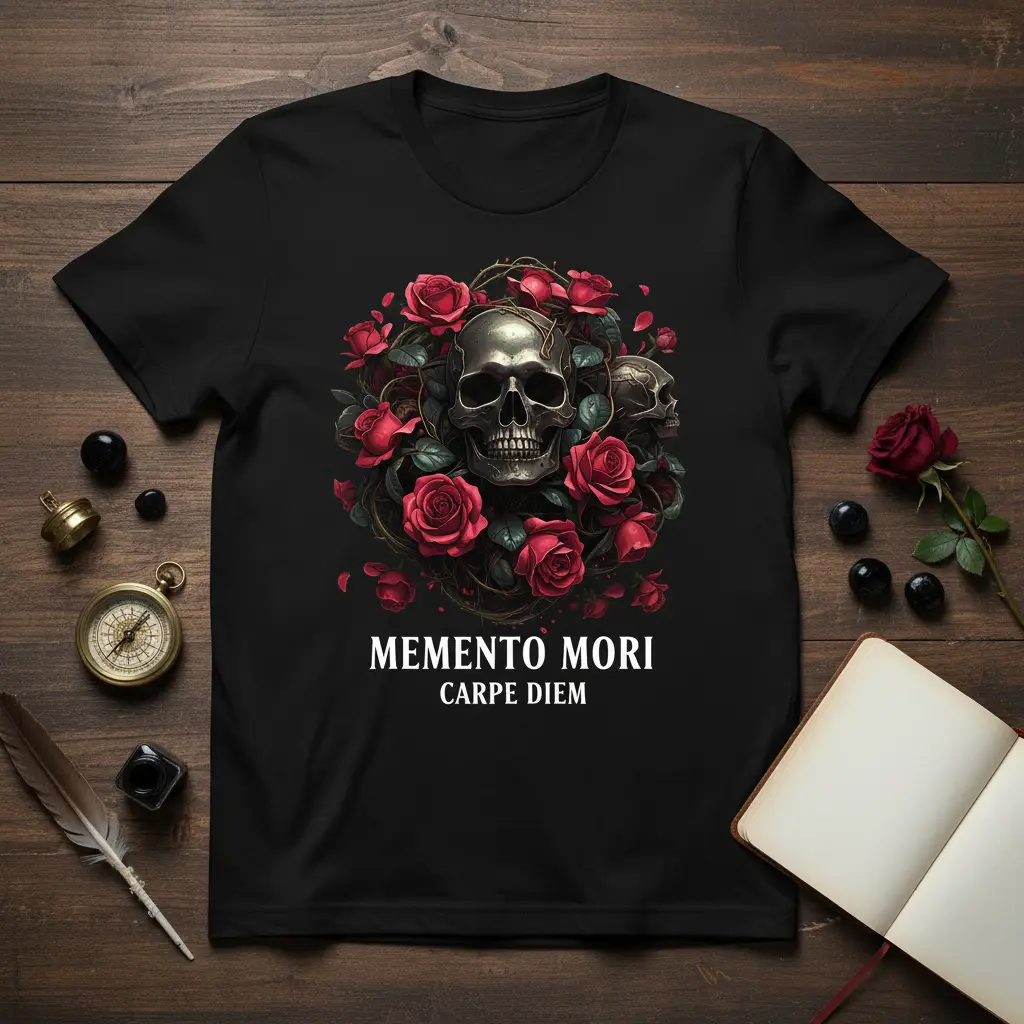 Memento Mori Carpe Diem Skull Roses T-Shirt Stoic Life Reminder
