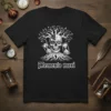 Memento mori t-shirt design featuring a skull tree with hourglasses and gothic typography