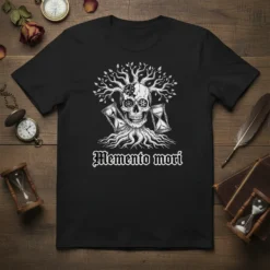 Memento mori t-shirt design featuring a skull tree with hourglasses and gothic typography