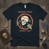 Memento Mori Tempus Fugit t-shirt with skull, hourglass, and scythe design