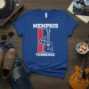 Blue t-shirt with white text "MEMPHIS TENNESSEE" and a graphic of a guitar with musical notes and stars