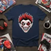 Menacing clown face graphic tee with fiery red hair, sharp teeth, and mismatched eyes, in a dark, edgy style