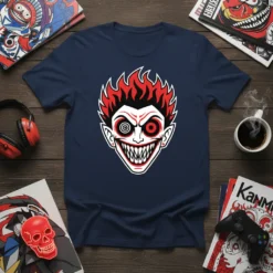 Menacing clown face graphic tee with fiery red hair, sharp teeth, and mismatched eyes, in a dark, edgy style