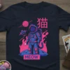 Meow Astronaut Cat T-Shirt featuring a black cat in a blue and pink astronaut suit on a moon with Japanese