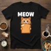 Meow text above a cute cartoon orange cat holding a slice of toast, black t-shirt design