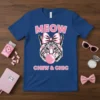 Meow Chew & Chic t-shirt design with a tiger-striped cat wearing glasses and a bow, blowing pink bubblegum