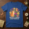 Meow & Flowers & BUTTRERILIES text with a cute orange tabby cat touching a butterfly, surrounded by colorful flowers and