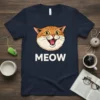 MEOW graphic t-shirt with a cartoon cat face and the word MEOW in bold white text