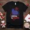 Meow & Hearts t-shirt design with a blue cat and red heart accents, celebrating Valentine's Day
