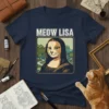 Meow Lisa t-shirt design featuring a cat face superimposed on the Mona Lisa painting, with text "MEOW LISA" above