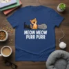 Meow Meow Purr Purr text with cartoon cats on a navy blue t-shirt, perfect for cat lovers