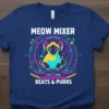 Meow Mixer Beats & Purrs t-shirt design featuring a cat DJ with headphones and turntables, surrounded by musical notes and