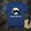 Meow & Mystery text with a black cat jumping in front of a full moon and stars on a blue