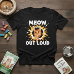 Black t-shirt with "MEOW OUT LOUD" text and a cartoon orange cat bursting from a yellow sunburst graphic
