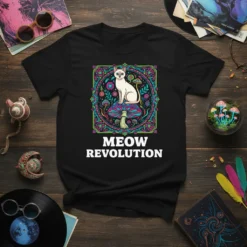 Meow Revolution text on a black t-shirt with a psychedelic Siamese cat on a mushroom design