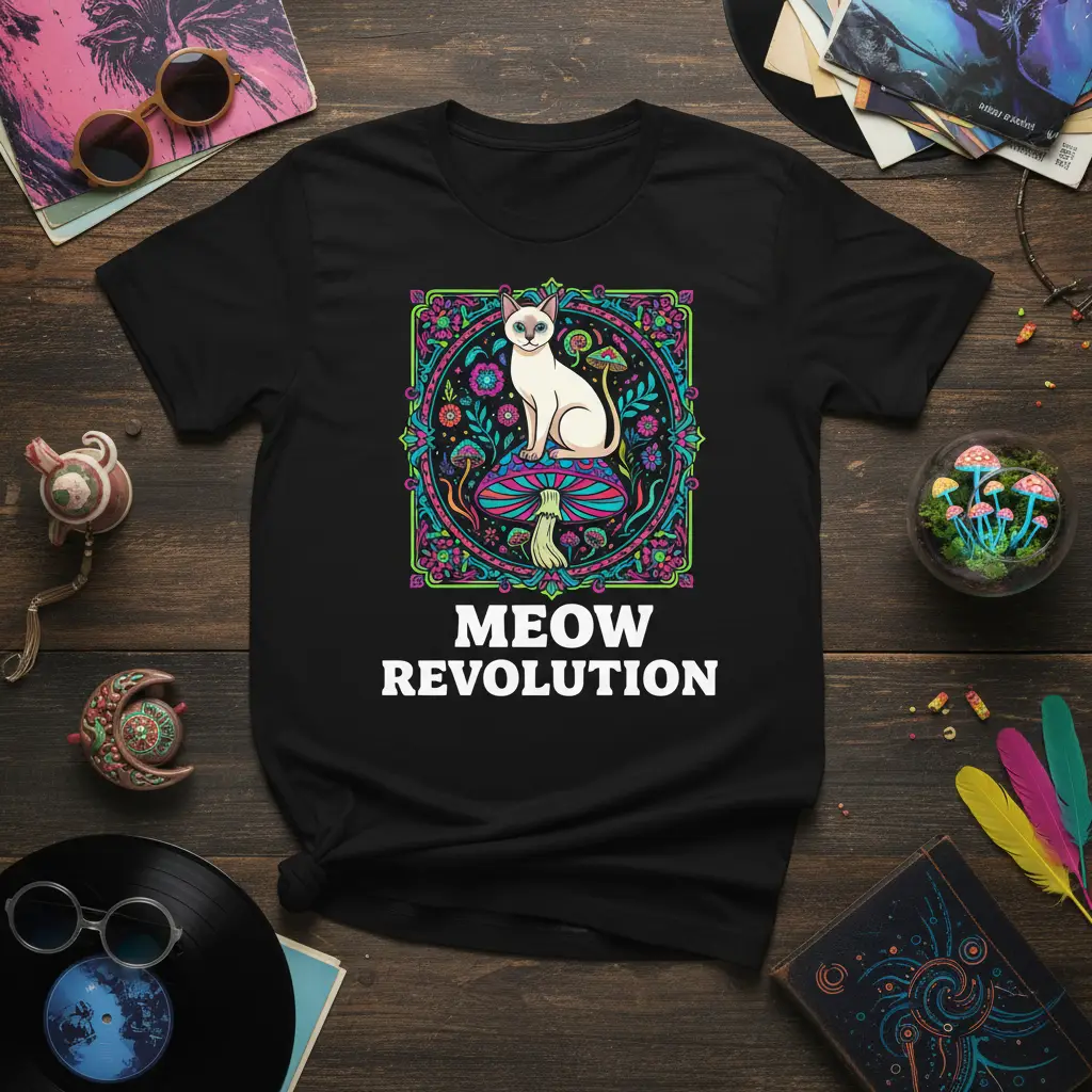 Meow Revolution Cat Mushroom Tee Psychedelic Animal Lover Gift