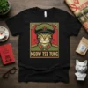 Meow Tse Tung cat wearing a military uniform and hat, text below the image