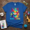 Meow Universe t-shirt design with a colorful geometric cat face and paint splatter background