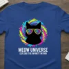 Black cat silhouette wearing rainbow sunglasses with "MEOW UNIVERSE EXPLORE THE INFINITY WITHIN" text, set against a colorful paint splatter