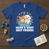 Meow & Woofo Best Friends text with cute cat and dog illustration on blue t-shirt