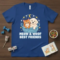 Meow & Woofo Best Friends text with cute cat and dog illustration on blue t-shirt