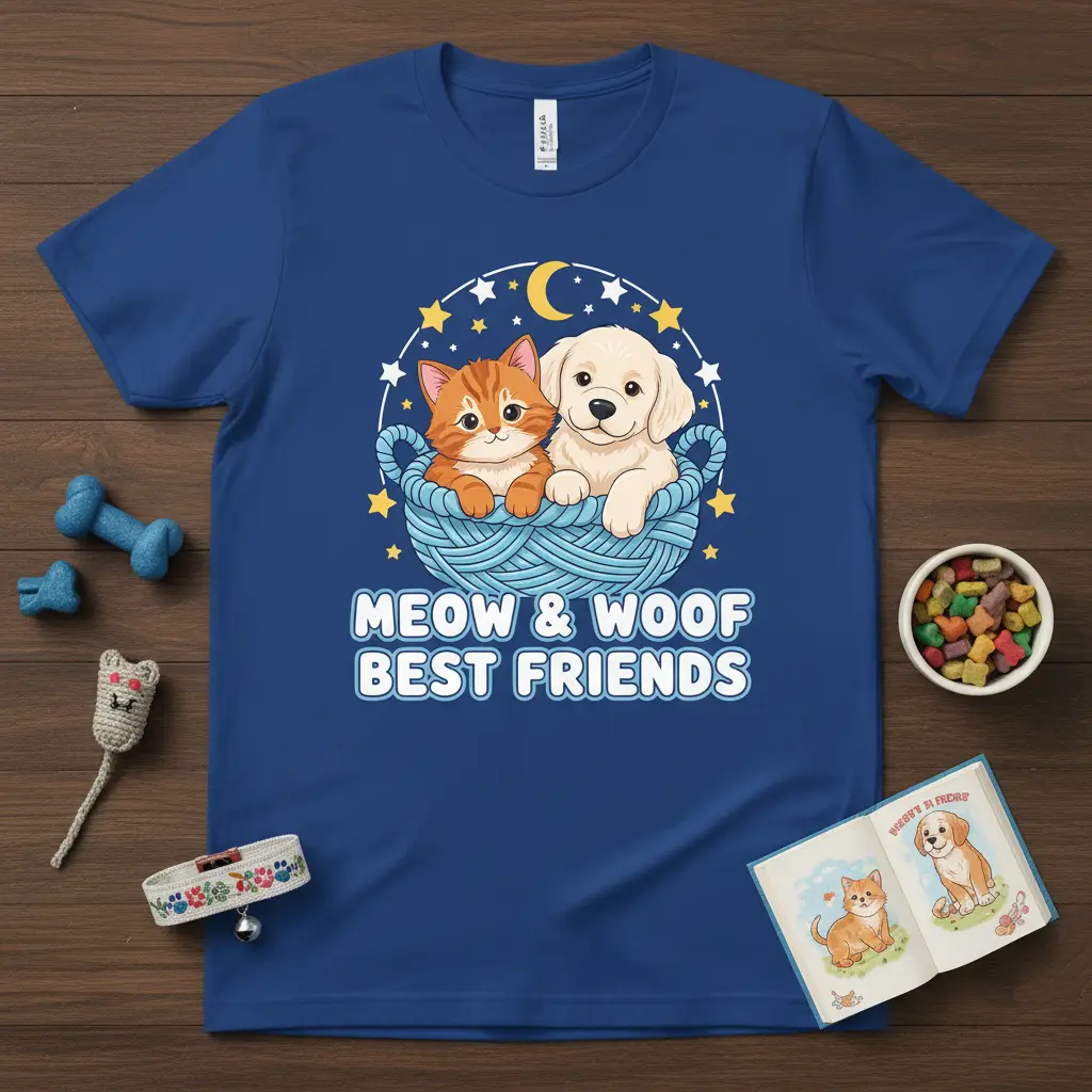 Meow & Woofo Best Friends Cat Dog T-Shirt Cute Pet Lover Gift