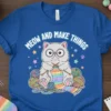 Meow And Make Things t-shirt design featuring a cute cat knitting with colorful yarn, stars, and paw prints