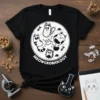 Meowcrobiology t-shirt featuring cartoon cats in a petri dish with scientific elements and text