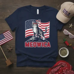 Meowica t-shirt design with a tabby cat wearing a feather headband, standing on rocks with the American flag behind it