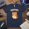 Meowl cute owl graphic t-shirt with text "MEOWL" above a cartoon owl illustration