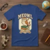 Meowl Owl Cat Hybrid T-Shirt design featuring an owl with cat tail sitting on books, with "MEOWL" text above