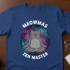Meowmas Zen Master t-shirt with a meditating cat in a galaxy background and white text