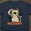 Meowmy Mummy Cat Halloween T-Shirt design with a cute mummy cat graphic and bats