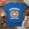 Meowonade Fresh & Sweet cat design with a crowned cat holding watermelon slice, on a blue t-shirt