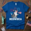 Meowrica text with a patriotic cat wearing American flag sunglasses and holding a US flag, with fireworks