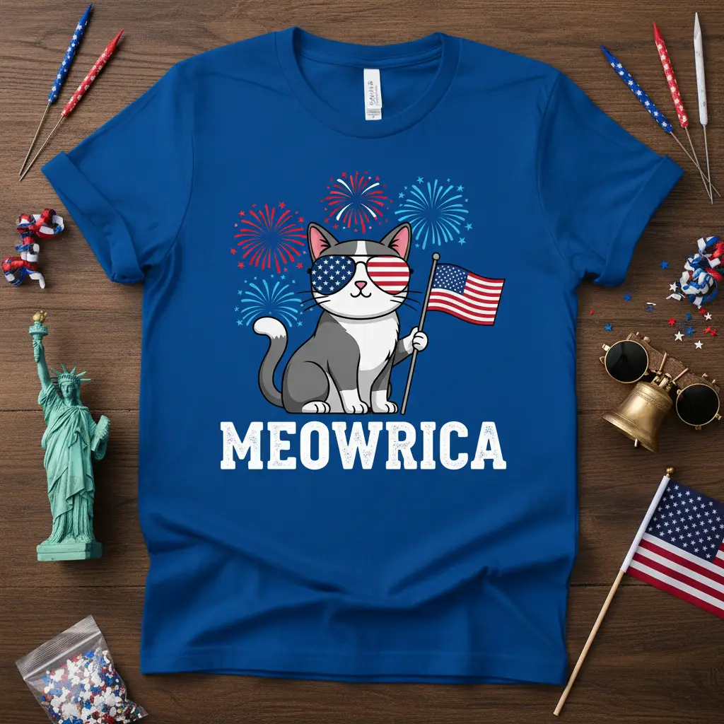 Meowrica patriotic cat design with fireworks and American flag sunglasses on a blue t-shirt