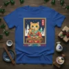 Meowry Ramenmas t-shirt design with an orange tabby cat in a kimono eating ramen, festive background, and Japanese text