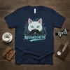 Meowstache t-shirt design featuring a light blue cat with a large black mustache and the text "Meowstache" in script font