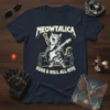 Meowtalica Roar & Roll All Nite T-Shirt with a tabby cat playing a guitar and Marshall amps